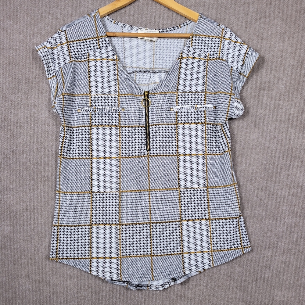 FLOWER & FEATHER Blouse Plaid Sleeveless Top with Zipper Lightweight